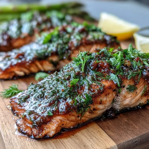 Succulent herb-crusted salmon fillets paired with tender asparagus, perfect for a healthy spring dinner.  