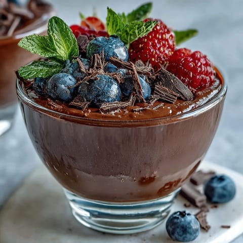 Cottage Cheese Chocolate Mousse Cups topped with fresh berries, a creamy and protein-rich dessert in elegant serving glasses.