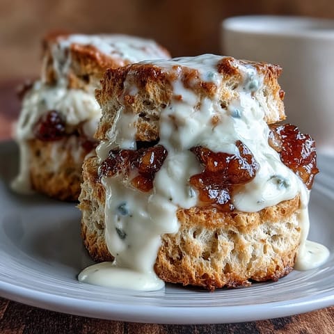 Golden scones topped with a generous dollop of clotted cream and vibrant jam, ready for a spring tea gathering.