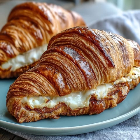 Golden, flaky croissants filled with creamy eggs and gooey cheese — the perfect indulgent morning treat.