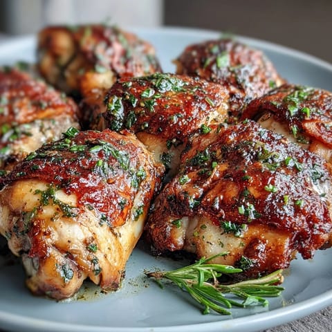Juicy herb-marinated chicken thighs alongside caramelized root vegetables on a sheet pan.  