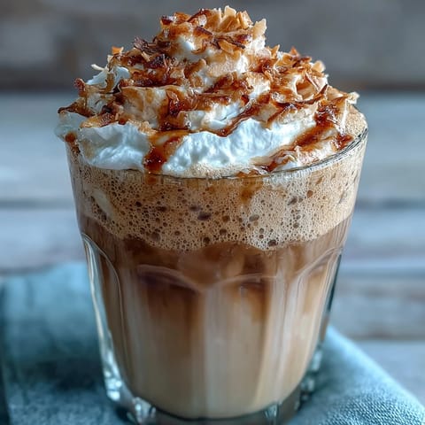 Creamy vanilla bean frappuccino with rich toasted coconut foam, a refreshing summer drink perfect for coffee lovers.