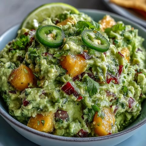 Easy Cinco de Mayo Guacamole with Mango and Jalapeño, a vibrant dip featuring creamy avocado, sweet mango, and a spicy jalapeño kick.