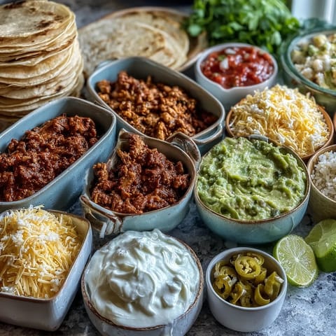 Cinco de Mayo Taco Bar Spread with colorful toppings and sizzling proteins arranged for guests to build their own tacos.  