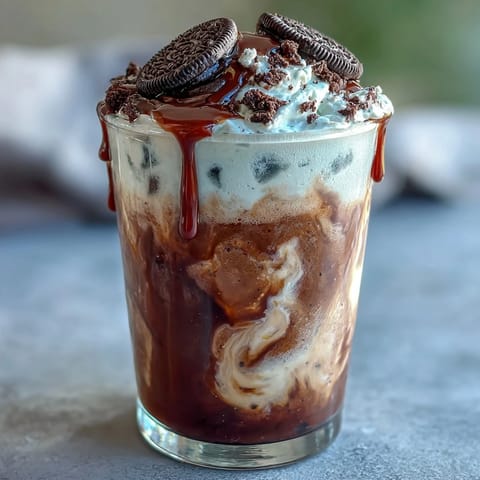 Creamy cookies and cream cold brew coffee with crushed chocolate sandwich cookies in a tall glass, topped with whipped cream.