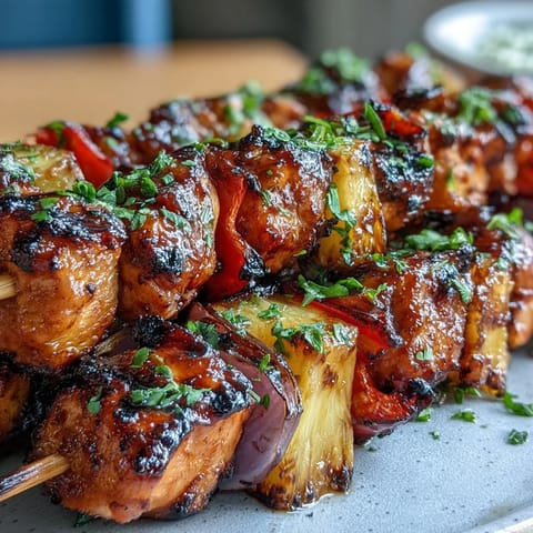 Grilled pineapple chicken skewers with juicy chicken, sweet pineapple, and colorful bell peppers on a sizzling grill.
