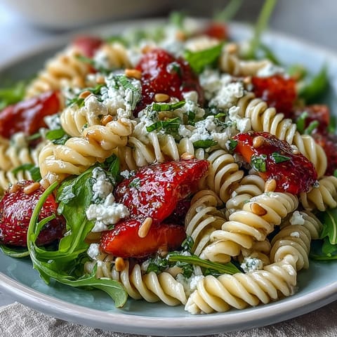 Fresh spring pasta salad with strawberries, feta, and arugula, bursting with seasonal flavors and bright colors.