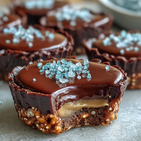 Chocolate peanut butter eggs with pretzel crust are shown in a mini muffin tin, featuring a crunchy base, creamy filling, and glossy chocolate topping.