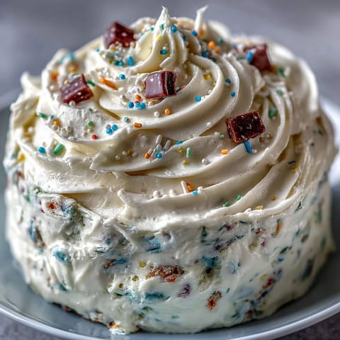 Spring Birthday Party Sprinkle Funfetti Dip Cake, a vibrant, layered dessert loaded with sprinkles.