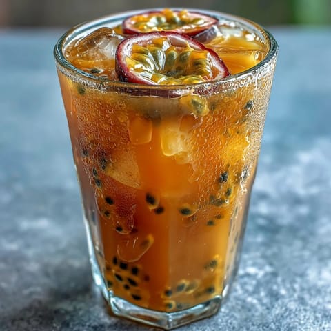 Tropical Sunrise Mocktail with vibrant passionfruit and orange layers, a refreshing visual delight.