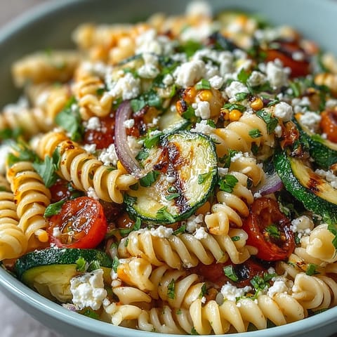 Smoky grilled zucchini pasta salad mixed with sweet corn and zesty lime dressing.
