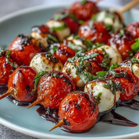 Caprese skewers appetizer bursting with fresh tomatoes, mozzarella, basil, and balsamic glaze.