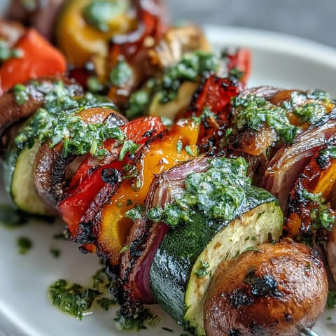 Brightly colored veggie kabobs charring on the grill, ready for zesty sauce.