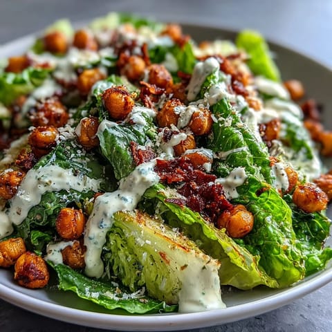 Hearty vegan Caesar salad, a delightful plant-based meal with creamy dressing.
