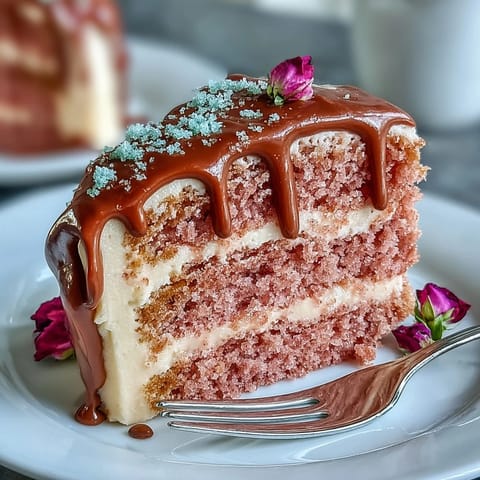 Beautiful Bridal Shower Rosé Velvet Cake with elegant gold drip.