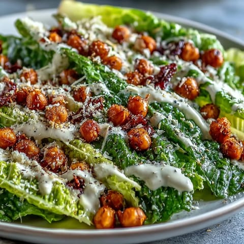Crisp vegan Caesar salad topped with golden, crunchy chickpea croutons.