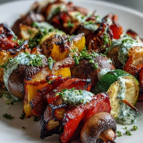 Colorful grilled veggie kabobs with smoky char brushed with bright chimichurri sauce.