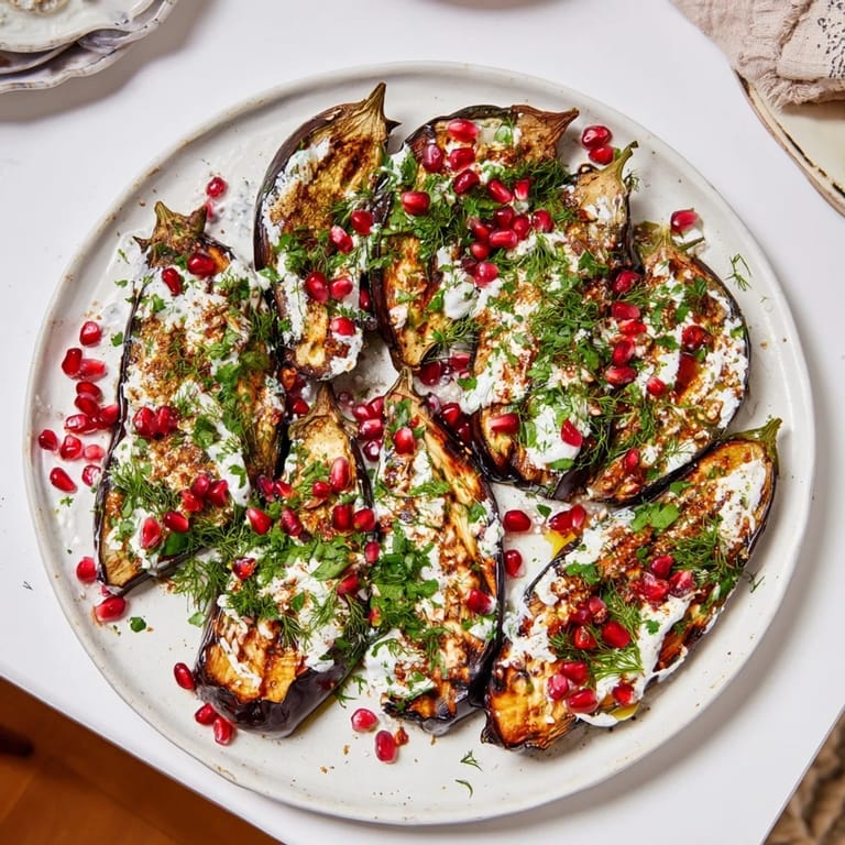 Enjoy a visually stunning plate of Roasted Eggplant, showing a vegetarian Middle Eastern dish with a burst of colors.