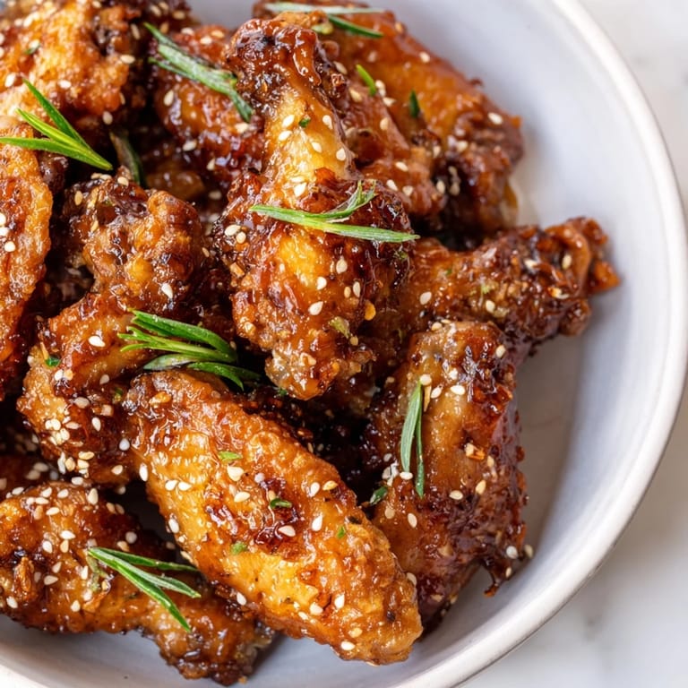 Close-up of crispy, glazed Crispy Honey-Chili Glazed Chicken Wings garnished with sesame seeds and green onions.