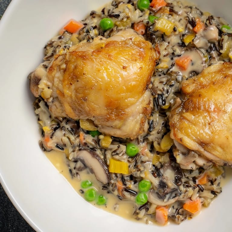 Showcasing the hearty All-in-One Pan Creamy Chicken and Wild Rice, brimming with creamy sauce and veggies.