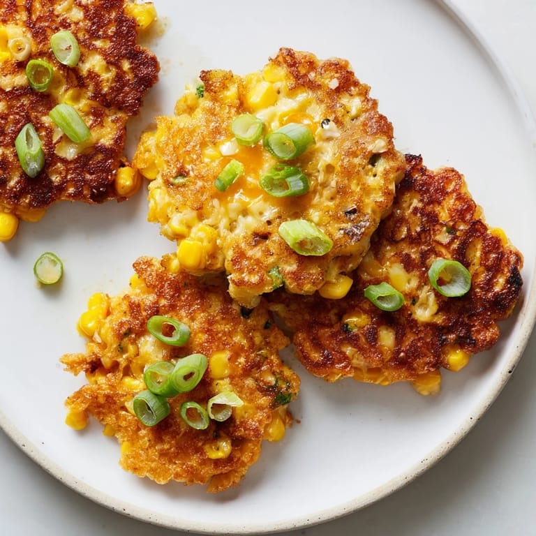 Homemade golden corn and cheddar fritters, ready to eat, sit beside a dipping sauce with herbs.