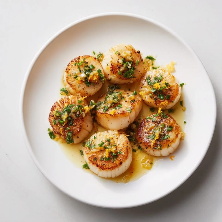 Flavorful pan-seared scallops: a pescatarian delight with garlic butter, ready to serve with lemon.