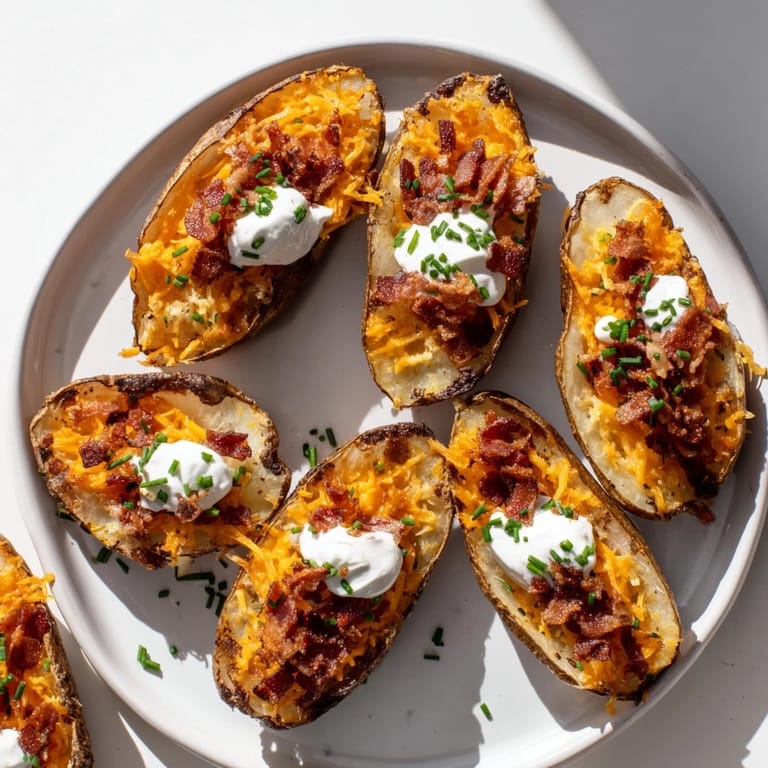 Enjoy savory Crispy Air-Fryer Potato Skins: crispy potato halves loaded with cheese, bacon, and cool, creamy toppings.