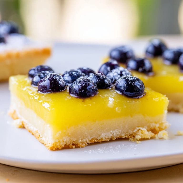 A close-up of buttery Decadent Lemon Curd and Blueberry Squares, with juicy berries on top, ready to eat.