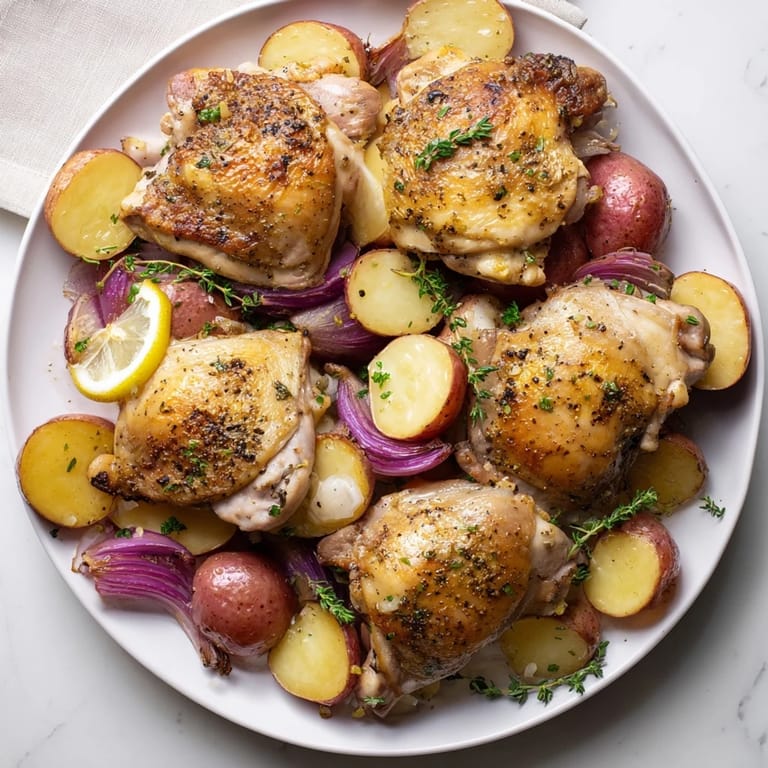Flavorful One-Dish Baked Chicken Thighs with lemon and thyme, perfect for a cozy weeknight dinner.