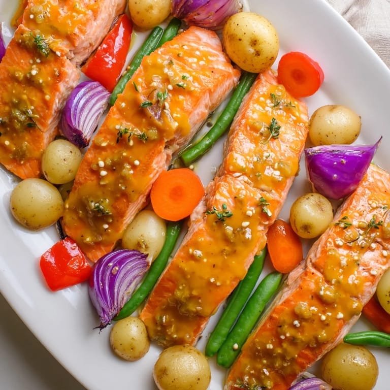Close-up of flaky one-tray baked salmon with honey mustard sauce glistening, surrounded by roasted veggies.