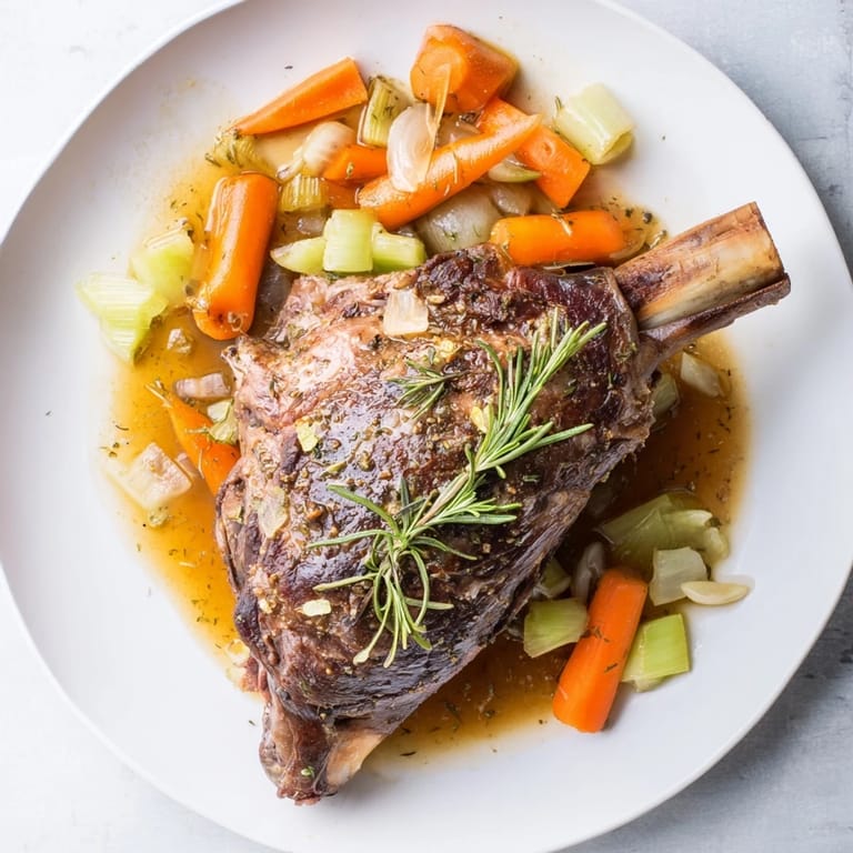 This image shows juicy Slow-Roasted Lamb Shanks, glistening and surrounded by aromatic herbs and root vegetables.