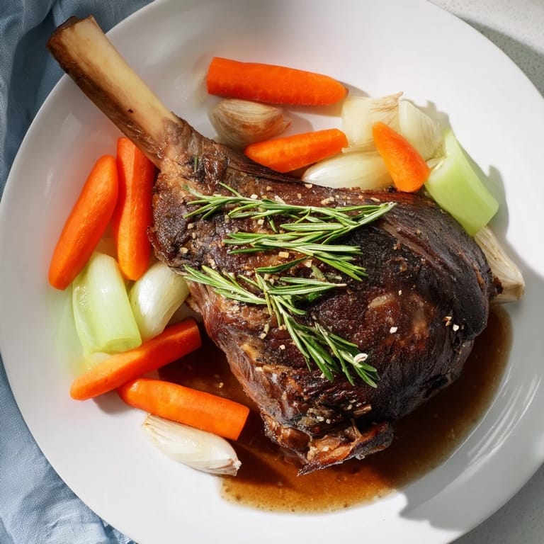 Golden-brown Slow-Roasted Lamb Shanks, ready to enjoy, sit atop creamy mashed potatoes in this tempting photo.
