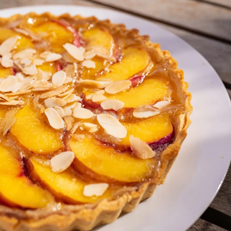 Close-up of a Rustic Peach and Almond Tart displaying a flaky crust and glistening fruit topping.