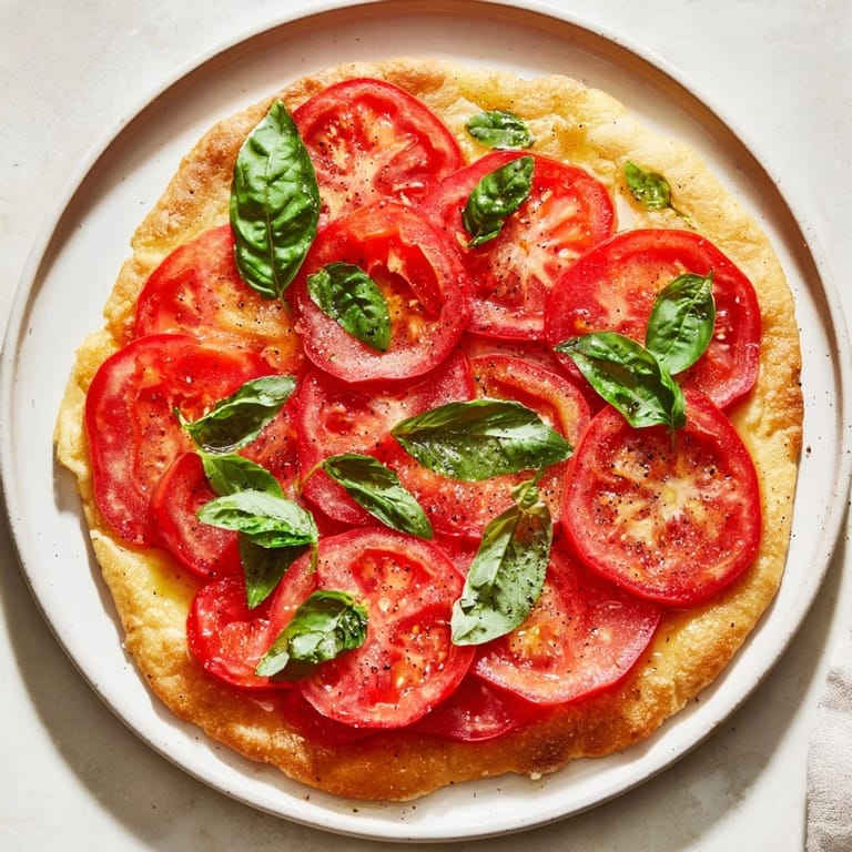 Warm, inviting shot of a freshly baked Tomato and Basil Flatbread, ready for serving or snacking.