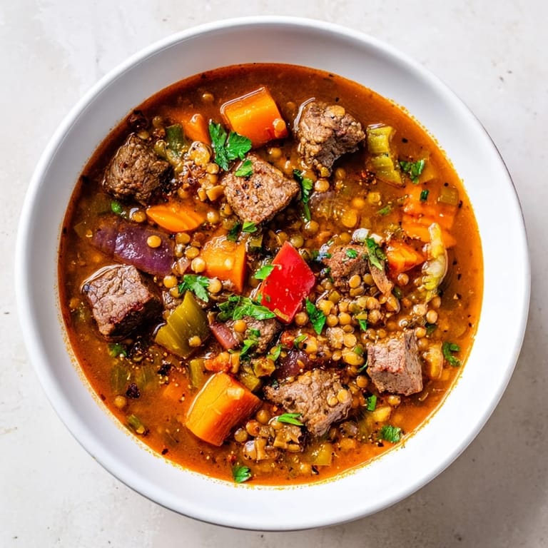 Hearty One-Pot Spicy Beef and Lentil Soup, a comforting and flavorful stew ready to enjoy.