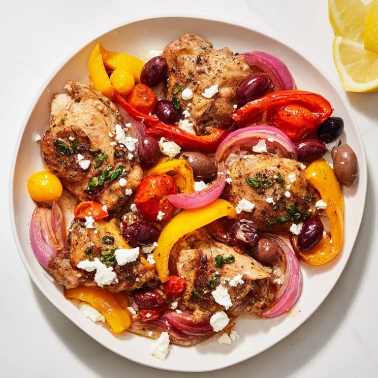 Golden-brown Easy Sheet Pan Greek Chicken, served with vibrant roasted vegetables and a sprinkle of fresh parsley.
