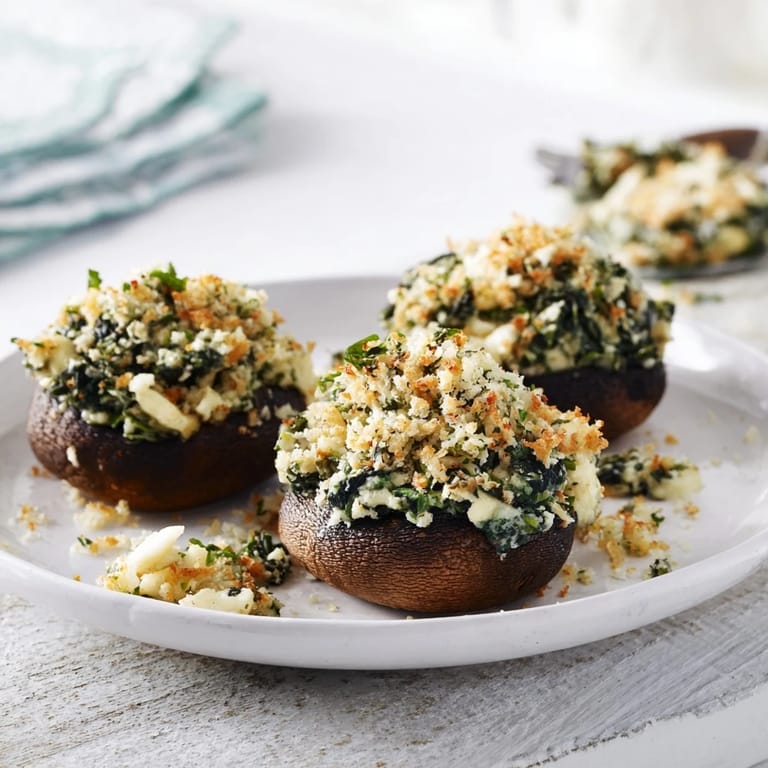 Baked Creamy Spinach and Artichoke Stuffed Mushrooms, with bubbly cheese topping, offer a savory bite.
