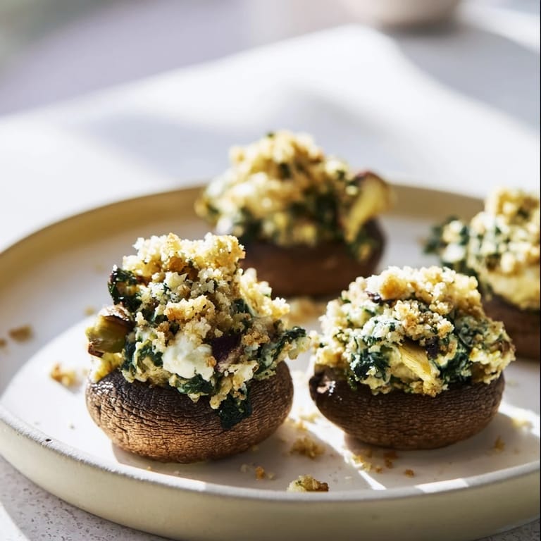 Close-up on cheesy and flavorful Creamy Spinach and Artichoke Stuffed Mushrooms from a party spread.