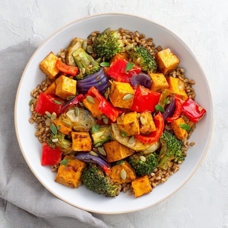 A flavorful Hearty Roasted Vegetable and Farro Grain Bowl, the perfect vegetarian lunch with a bright lemon dressing.