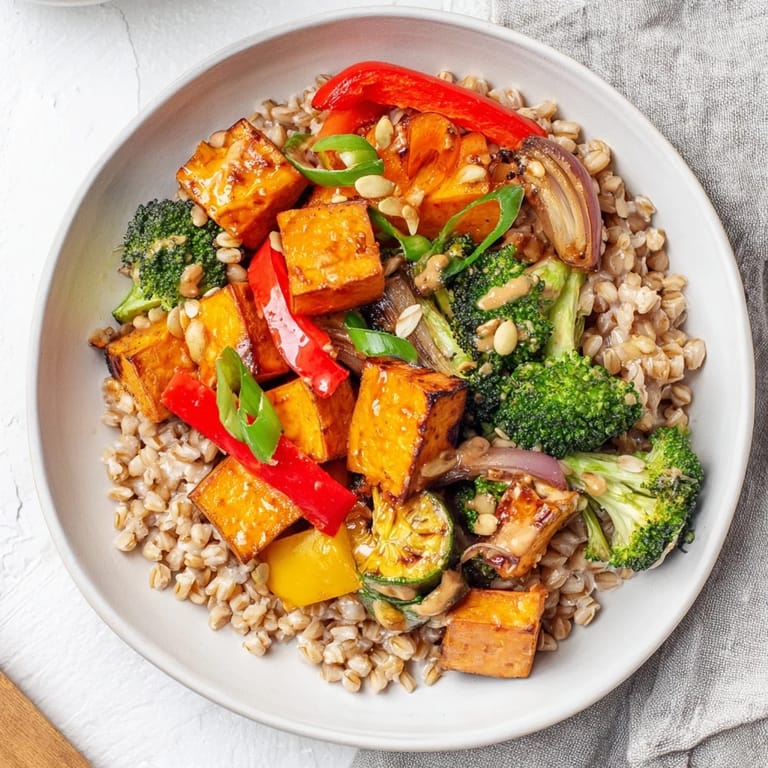 Warm, inviting image of a Hearty Roasted Vegetable and Farro Grain Bowl with toasted pumpkin seeds and fresh parsley.