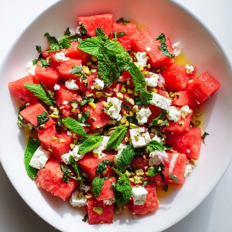 Bright, refreshing Fresh Watermelon and Feta Salad, featuring red onion and creamy feta cheese, ready to serve.