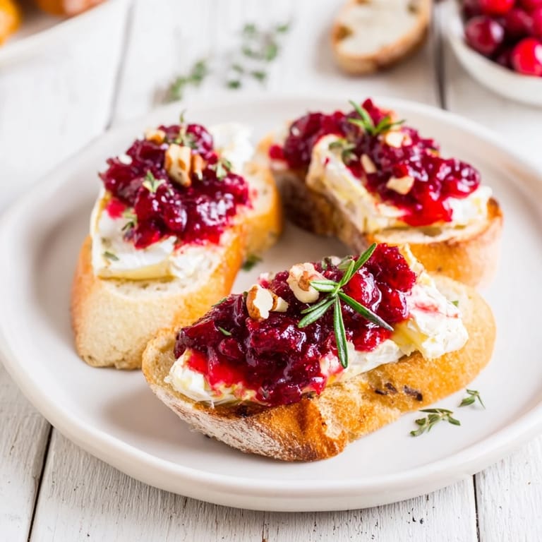 Crisp baguette rounds topped with creamy Brie and ruby red cranberry sauce; perfect festive crostini.
