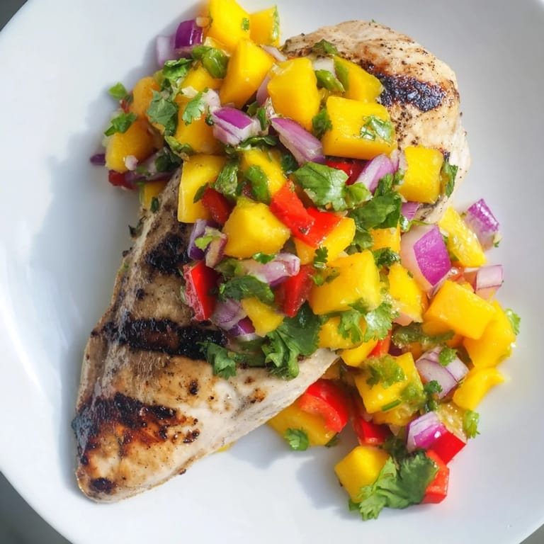 Tender Grilled Mango Salsa Chicken served with cool, diced mango salsa, perfect for any gathering.