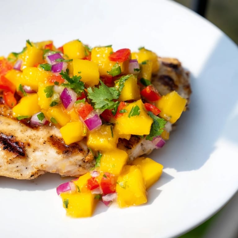 Freshly grilled Mango Salsa Chicken topped with a sweet and spicy mango salsa, ready to serve.