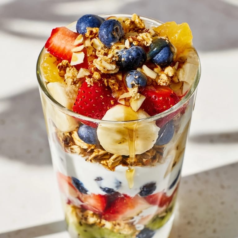 Delicious and refreshing layered yogurt fruit parfait layered in a clear glass, a quick and easy breakfast.