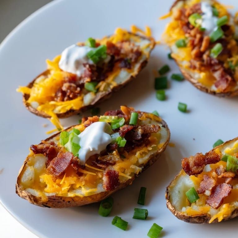 A close-up of delicious Loaded Baked Potato Skins, ready to be devoured as a savory appetizer.