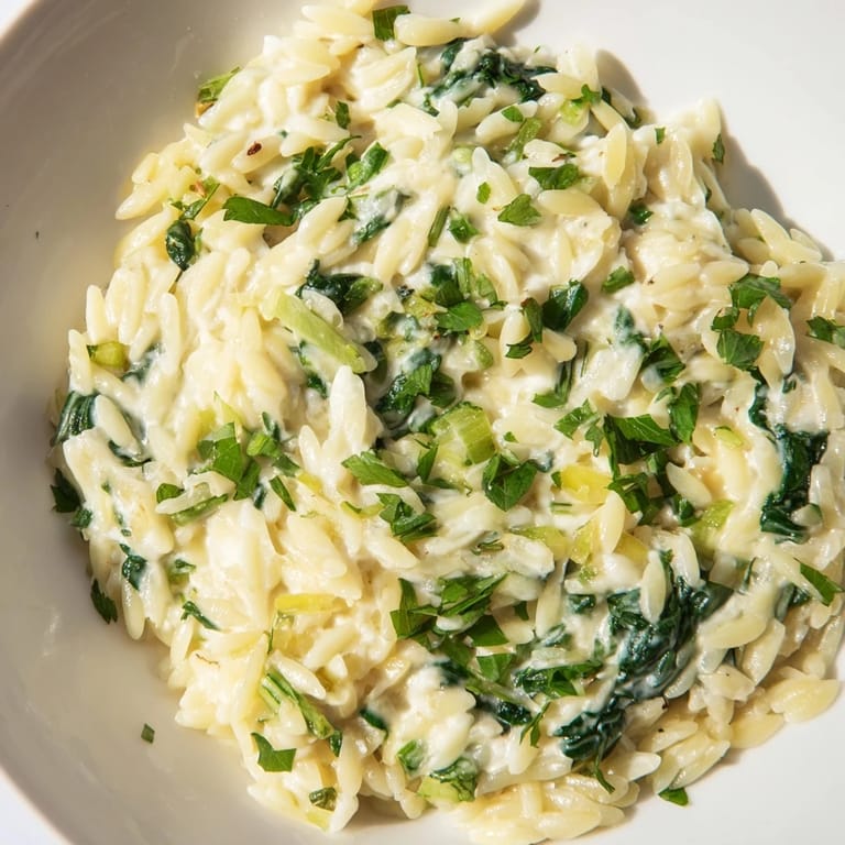 Golden and creamy: steaming bowl of one-pot creamy orzo with garlic and melted mozzarella.