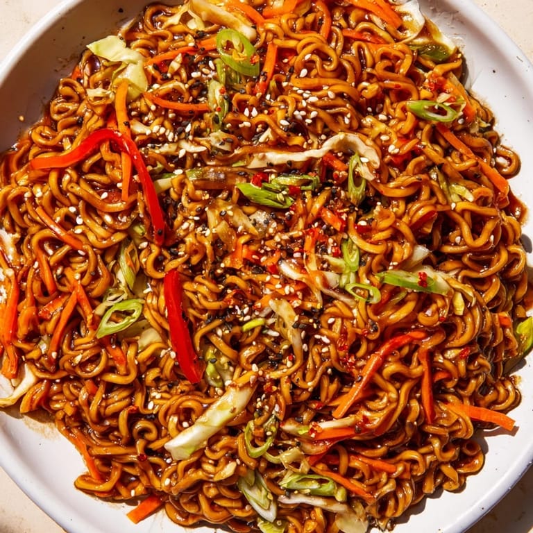 Savory spicy ramen stir fry with vibrant vegetables and a glossy, flavorful sauce, ready to eat.