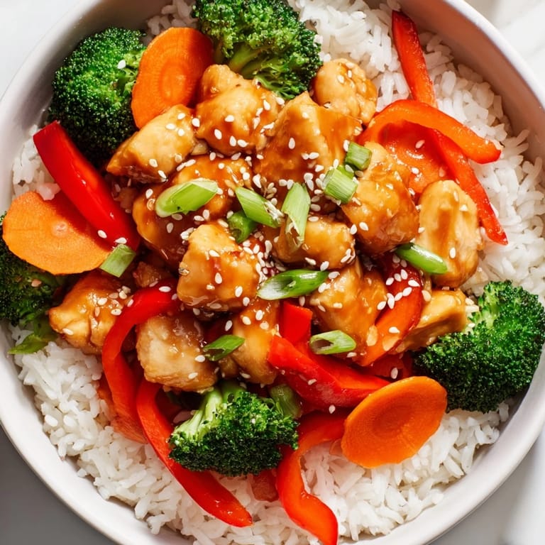 A vibrant bowl of teriyaki chicken rice with colorful vegetables and sprinkled sesame seeds.