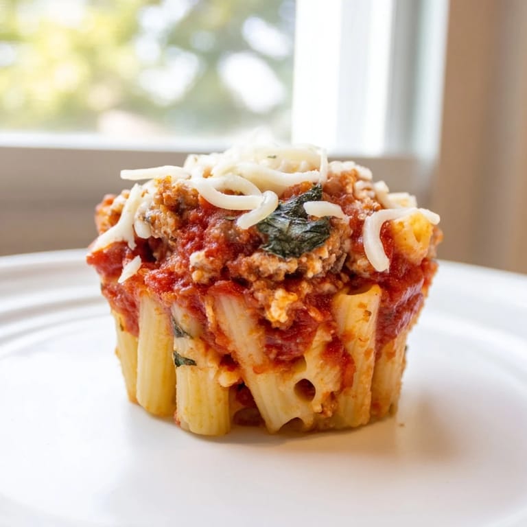 A close-up of cheesy, bubbling baked ziti cups with tomato sauce, a satisfying Italian-American comfort food.